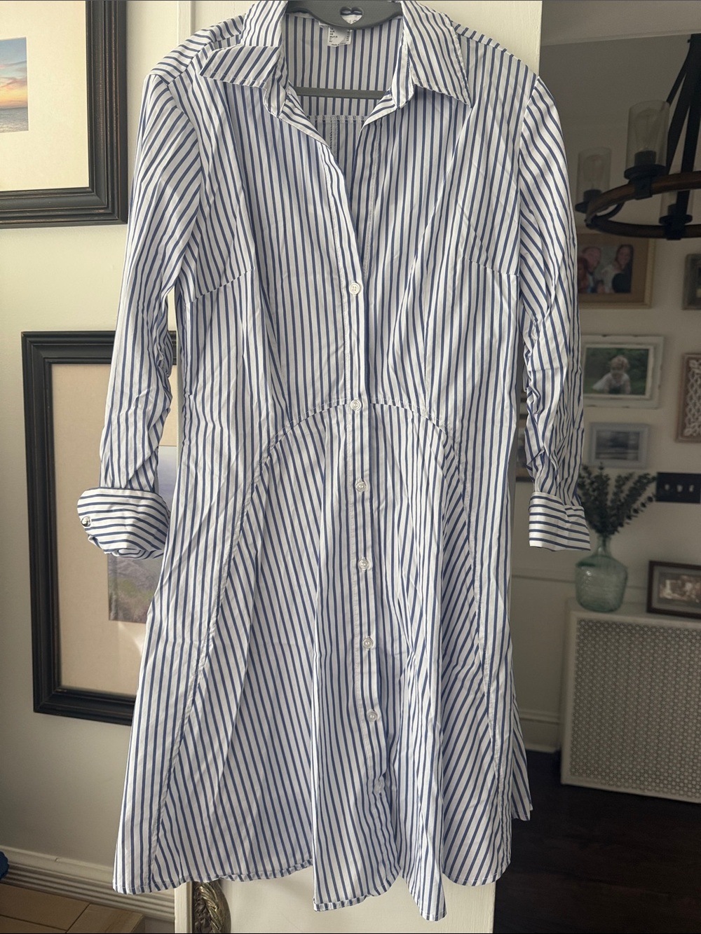 VENUS Blue and White Vertical Stripe Shirt Dress. Worn once.
